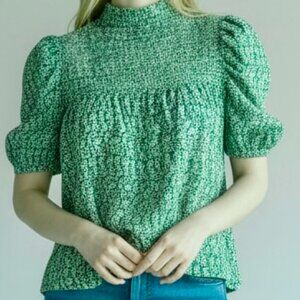 THML Smocked Green Floral Ruffle Sleeve Blouse Women's size S